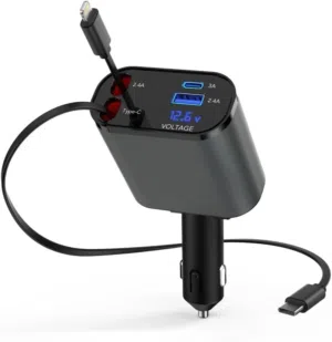 شاحن سيارة 120 واط مرفق معه كيبلات شحن قابلة للسحب اندرويد + ايفون + مخرج USB + مخرح TYPE-C