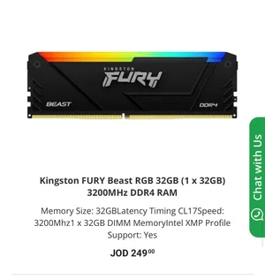 Kingston FURY Beast RGB 32GB (1 x 32GB) 3200MHz DDR4 RAM