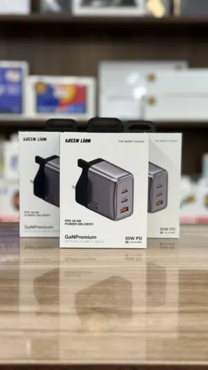 65W GaN PREMIUM  wall charger from Green Lion with 2 USB-C ports and 1 USB- شاحن 65 واط جدراي A port