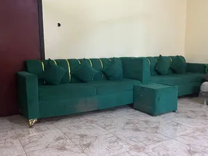 L-Shape Green Velvet Sofa Set with Ottoman & Cushions