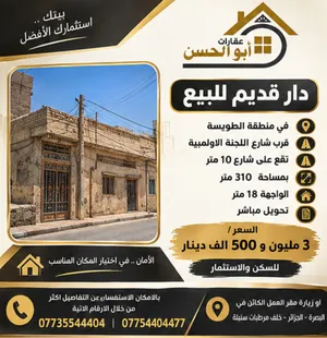 دار قديم للبيع في منطقة الطويسة قرب شارع اللجنة الاولمبية بمساحة 310 م