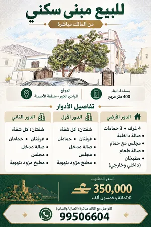 للبيع مبنى سكني الوادي الكبير منطقة الأحصنة من المالك مباشرة
