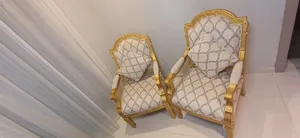 Vintage French Provincial Style Gold Leaf Armchairs in Geometric Damask Upholstery Set of 2