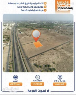 أرض زراعية في ولايه بركاء موقع جميل اول خط من شارع السلطان قابوس بها وحده سكنيه  شامل رسوم الاسكان