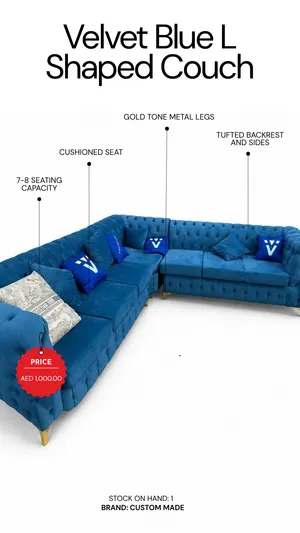 Velvet Blue L-Shaped Couch - Custom Made, 7-8 Seater