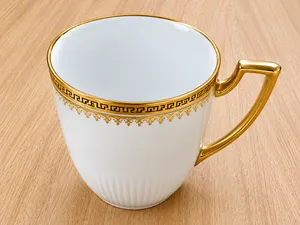 P.P Limoges France Demitasse Cup & Saucer Greek Key Gold Trim Fluted Porcelain