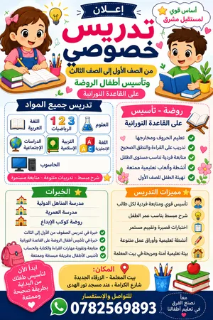 إعلان تدريس خصوصي تدريس خصوصي من الصف الأول إلى الصف الثالث جميع المواد