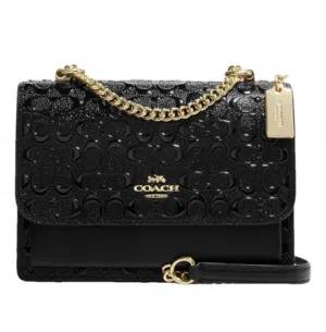 Coach Black Signature Patent Leather Chain Wallet Crossbody Bag Gold Hardware