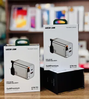 شاحن جدراي مدمج مع سلك 65واطGREEN LION PPS 49.5 W POWER DELIVERY  GANPREMIUM UK PLUG  2 PORTS 67W PD