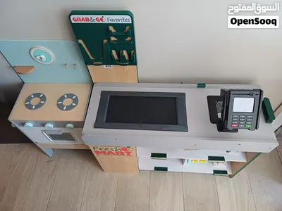 Wooden play kitchen and supermarket checkout 2