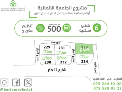 ارض مميزة خلف الجامعة الالمانية ناعور للسكن او للإستثمار على شارعين / 500 متر / سكن (ج) 2