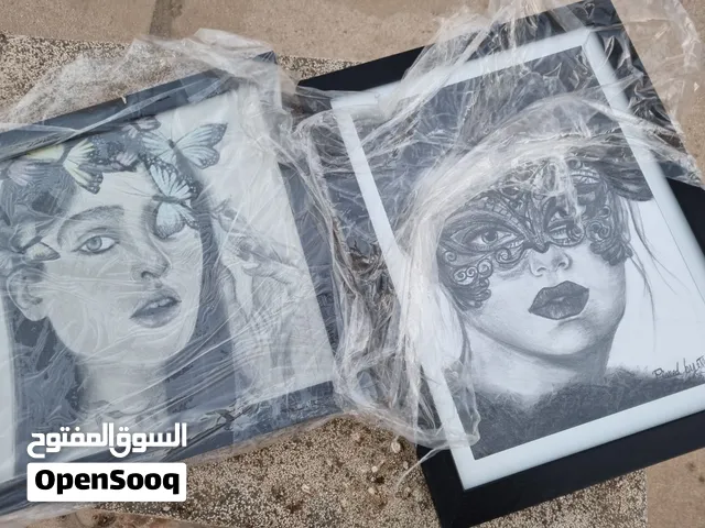 لوحتان فنيتان شغل يدوي تم استعمال الفحم والرصاص والطباشير
