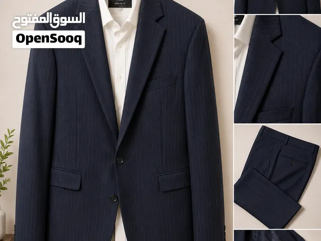 بدلة رجالية فاخرة (كحلي مقلم) مقاس 60- بحالة الوكالة (ملبوسة مرة واحدة فقط) + قميص وكرافتة جديدة