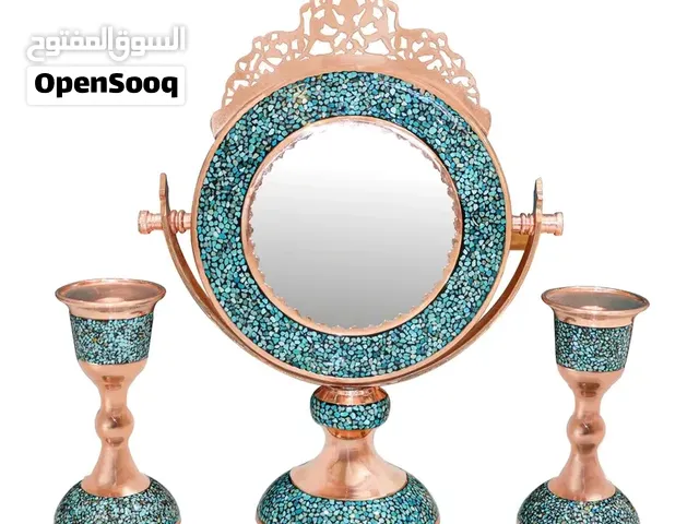طقم مرآة وشمعدان فاخر مطعّم بالفيروز النيشابوري – تحفة فنية