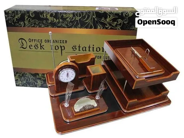 طقم منظم مكتب 8 قطع خشب بني داكن فاخر Executive Desk Organizer Set 8 Pieces