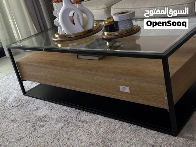Modern Glass Top Coffee Table with Wood Drawer and Metal Frame