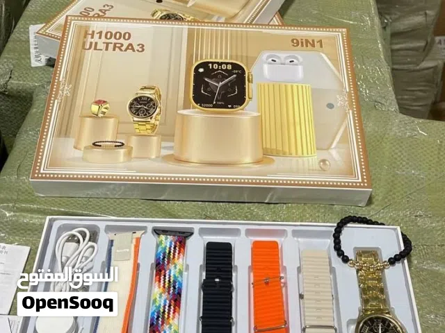 بكج ساعة الترا الذهبي  بكج كامل متكامل ساعة الكترونية وساعة يد ذهبية وسماعات ايفون برو واسواره