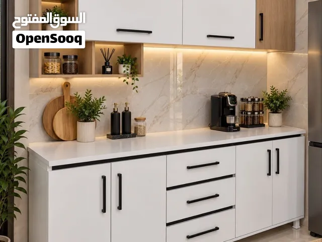 كاونترات الخشب mdf الصلب قياس مترين ثلاث قطع ارضي وملحق وسنك مرمر قياس متر وعشرين سم