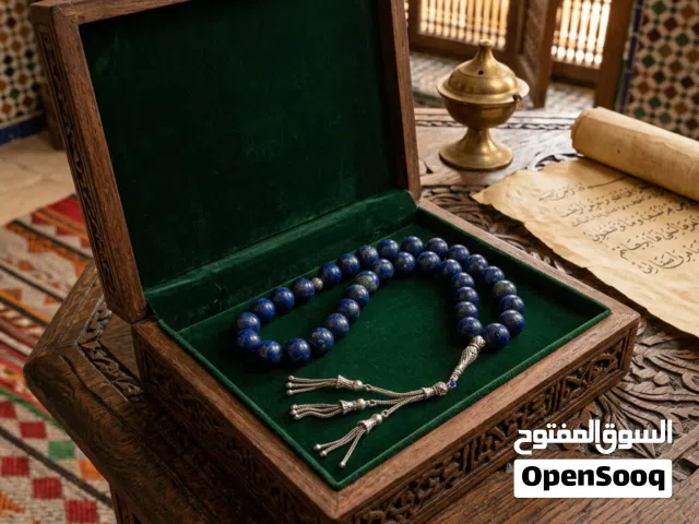مسبحة حجر لازورد طبيعي مع شاهد وشرشابه فضة..