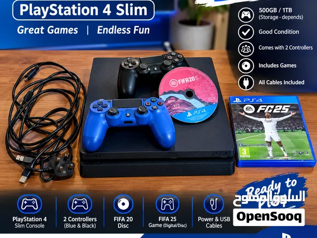 Playstation 4 slim for sell 1TB comes with 2 controllers 2 games all Cable included  جهاز بلاي ستيشن