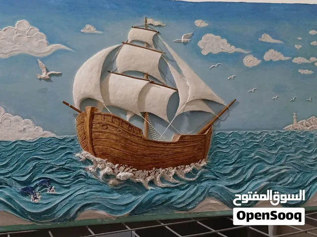 لوحة نحت بحرية منحوتة بيد فنان محترف بعجينة الجبس 3d وملونة بالوان اكريليك على لوح جبسنبورد
