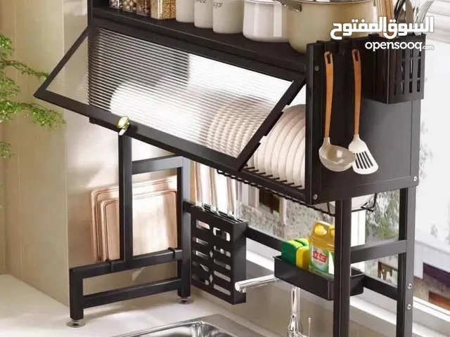 ستاند للأطباق عصري متعدد الاستخدامات بباب منزلق شفاف يحمي أدوات المطبخ من الغبار