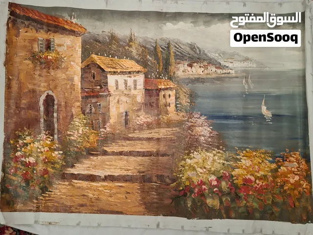 لوحة مرسومة باليد عن بيت على شاطيء البحر