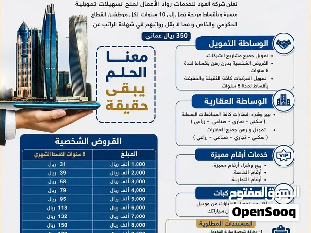 تخليص وإنجاز معاملات التمويل والوساطة التجارية والعقارية في جميع محافظات السلطنة