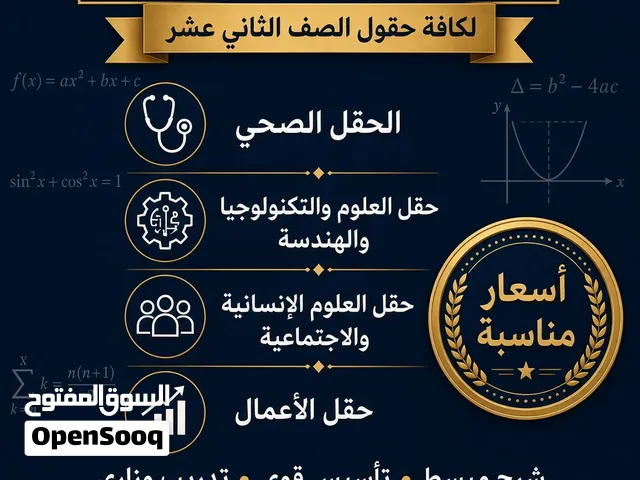 مدرس رياضيات خصوصي للمرحلة الثانوية :توجيهي +أول ثانوي. لكافة الحقول