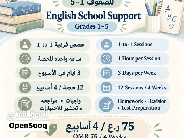 دعم ومتابعة اللغة الإنجليزية للصفوف 1–5  حصص فردية