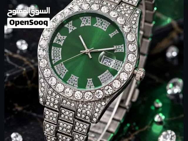 ساعة فاخرة مرصعة زيركون - مينا أخضر ملكي مع علبة هدايا