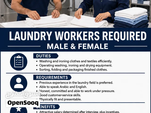 مطلوب عمال لمغسلة ملابس Laundry Workers Required