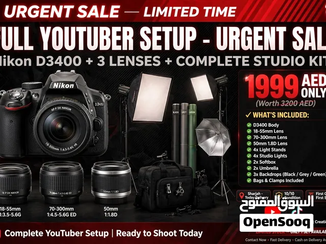 `Nikon D3400 + 3 Lenses + Full Studio Kit - Urgent Sale - 1999 AED - Sharjah`