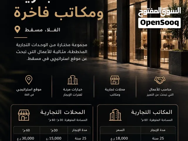 مكاتب ومحلات تجارية للإيجار طويل الأمد تتراوح من 30 متر إلى 60 متر في موقع استراتيجي