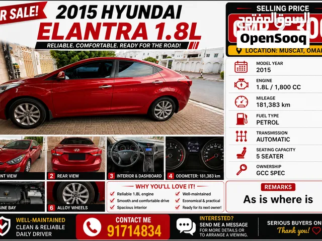 2015 Hyundai Elantra GLS Sedan for Sale - GCC Specs, Excellent Condition