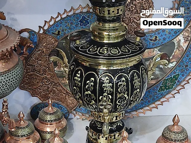 سماور وقوري وسكرية وصينية وصحن جكليت ومراية وشمعدان نحاس شغل يدوي إيراني أصلي