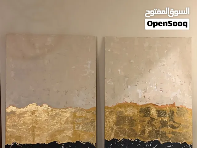لوحتين فنية رسم يدوي Mixed media hand painted paintings 100*152 cm