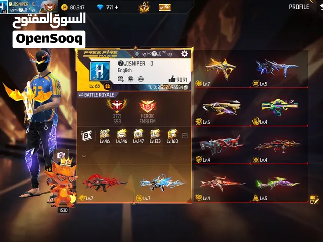 High-Level Free Fire Account  Level 65  Max Evo xm8 ump scar Golden Top Criminal Bundle SCORPIO BUND