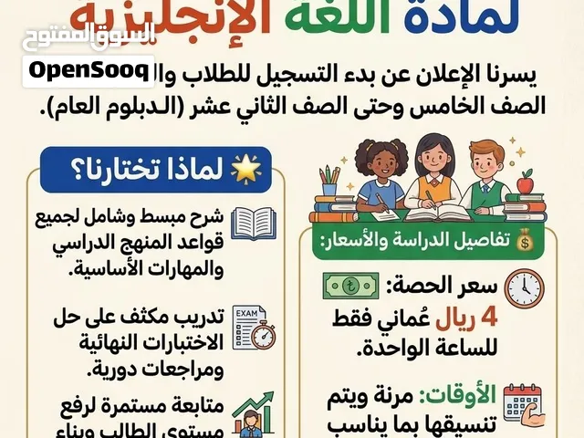 دروس تقوية في مادة اللغة الإنجليزية من صف 5الي 12