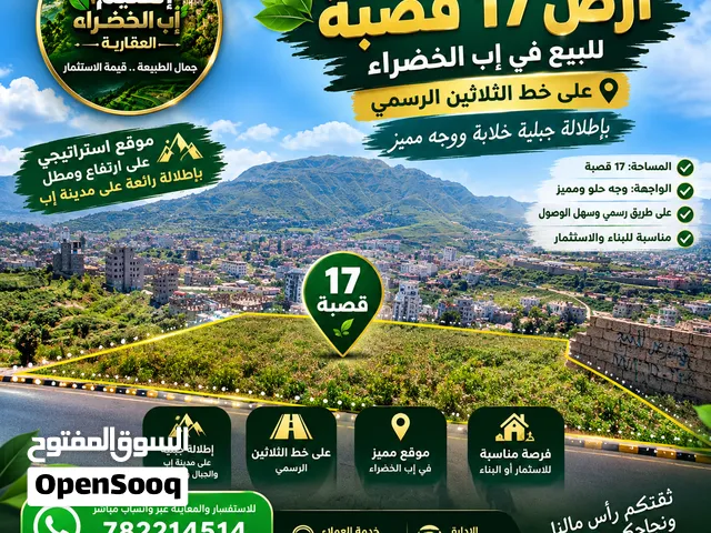 أرض 17 قصبة للبيع في إب الخضراء خط الثلاثين بإطلالة خلابة