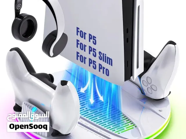 حامل PS5 متعدد الوظائف متوافق مع موديلات PS5/Slim/Pro يقوم بتبريد وحدة التحكم وشحن وحدتي تحكم PS5