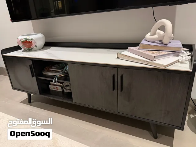 Black Grey Wood TV Unit with White Marble Real Sintered Stone طاولة تلفاز خشب اسود رخام ابيض