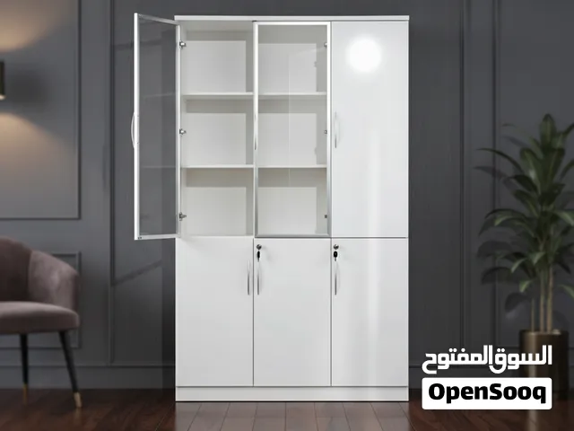خزانة مكتب خشبية فاخرة باللون الأبيض مع أبواب زجاجية وسفلية مغلقة - 12FC03-3X