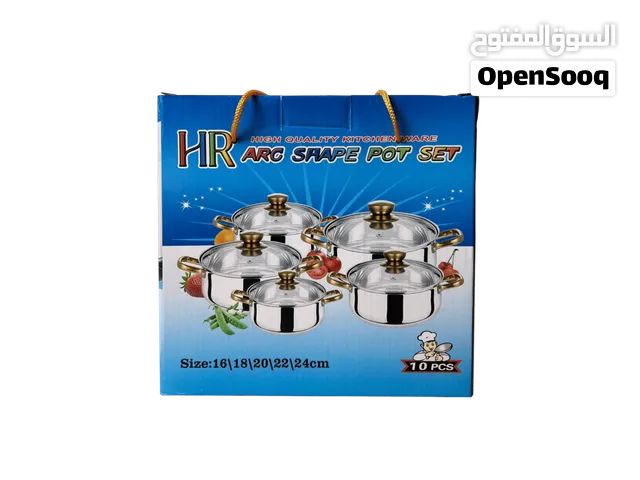 سيت قدور ستانلس ستيل خماسي الذهبي بمقابض ذهبية وأغطية زجاجية (10 قطع متكاملة) السعر 25 الف
