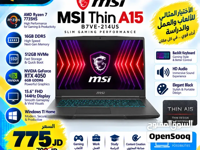 laptop MSI AMD Ryzen 7 RTX 4050 لاب توب ام اس اي معالج رايزن 7