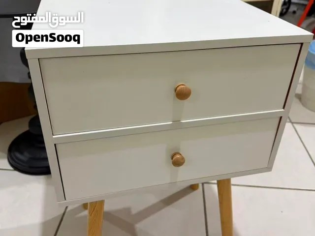 white bed side table, double drawer, wood