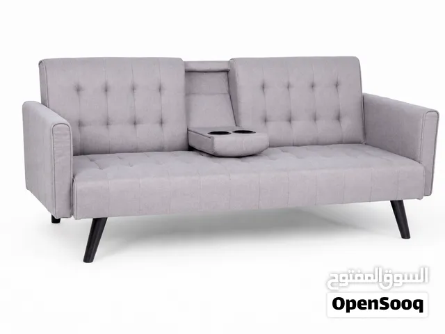 استلم وادفع أريكة رمادية أنيقة بكونسول وحاملات أكواب Elegant Gray Sofa with Console and Cup Holders