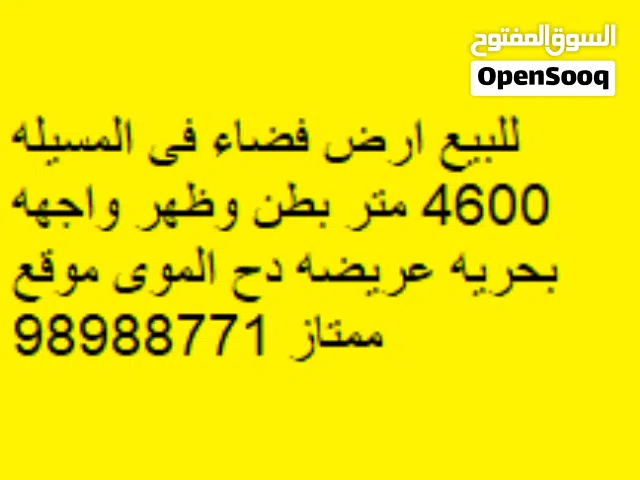 للبيع أرض فضاء في المسيلة ، المساحة 4600 متر مربع ، تقع على بطن وظهر وسكة جانبية ، واجهة بحرية عريضة