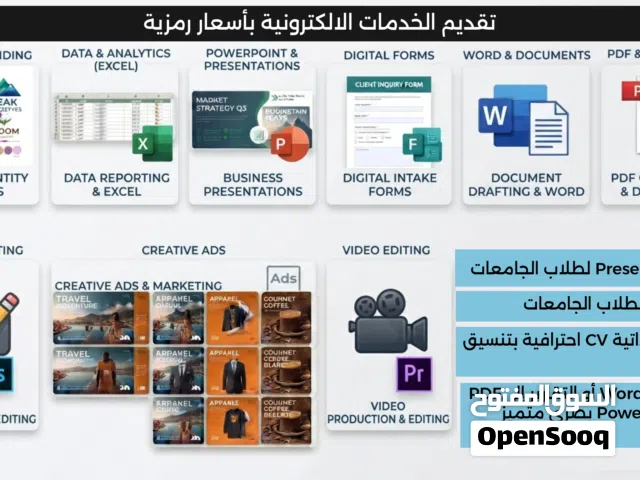 خدمات إلكترونية وطلابية شاملة بأسعار رمزية - أبحاث، CV، باوربوينت، تنسيق ملفات، تعديل صور وفيديو