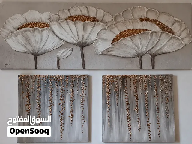 طقم لوحات مودرن 3 قطع - كانفاس بارز ولمسات ذهبية راقية